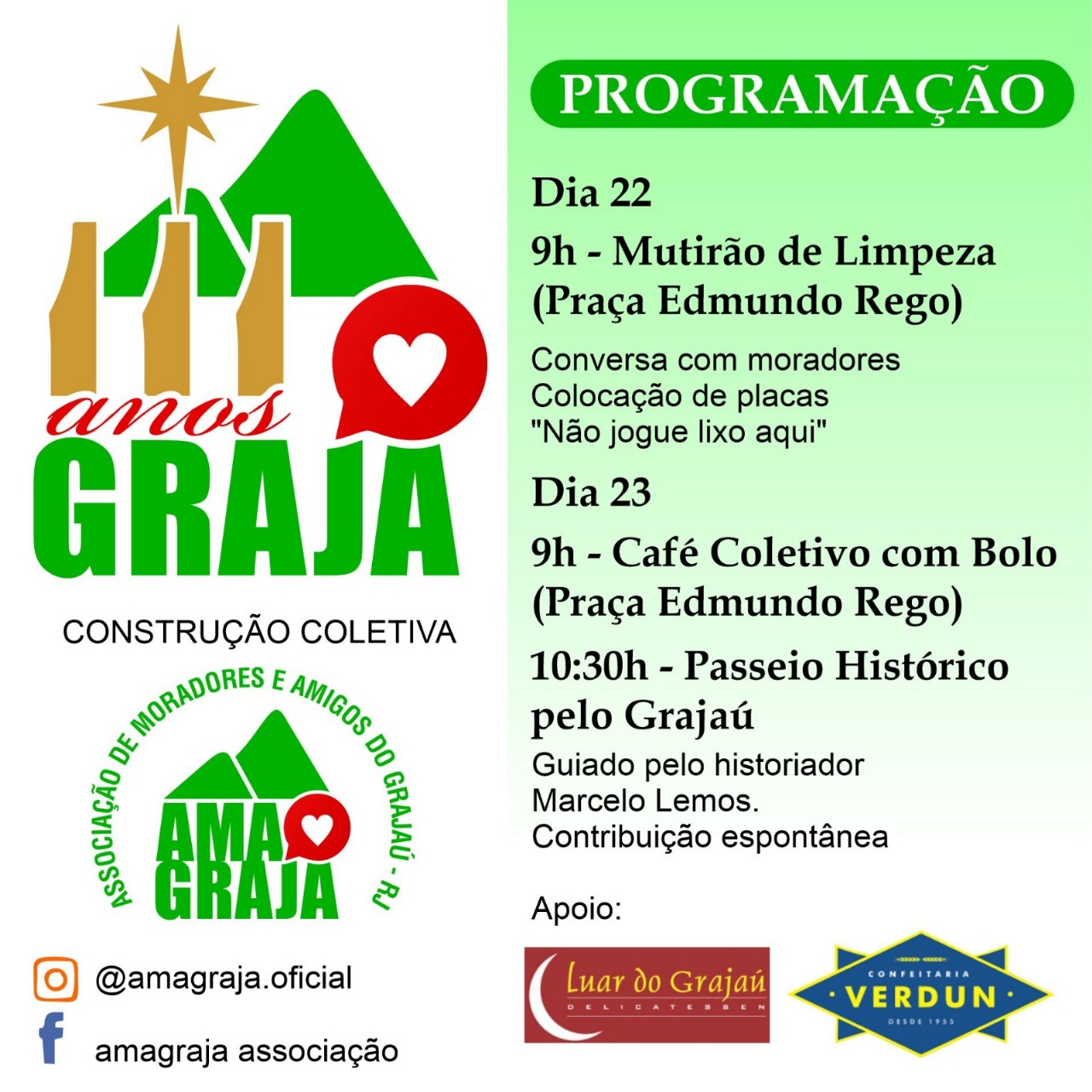Grajaú comemora 111 anos de fundação com café da manhã coletivo, bolo, mutirão de limpeza e passeio histórico