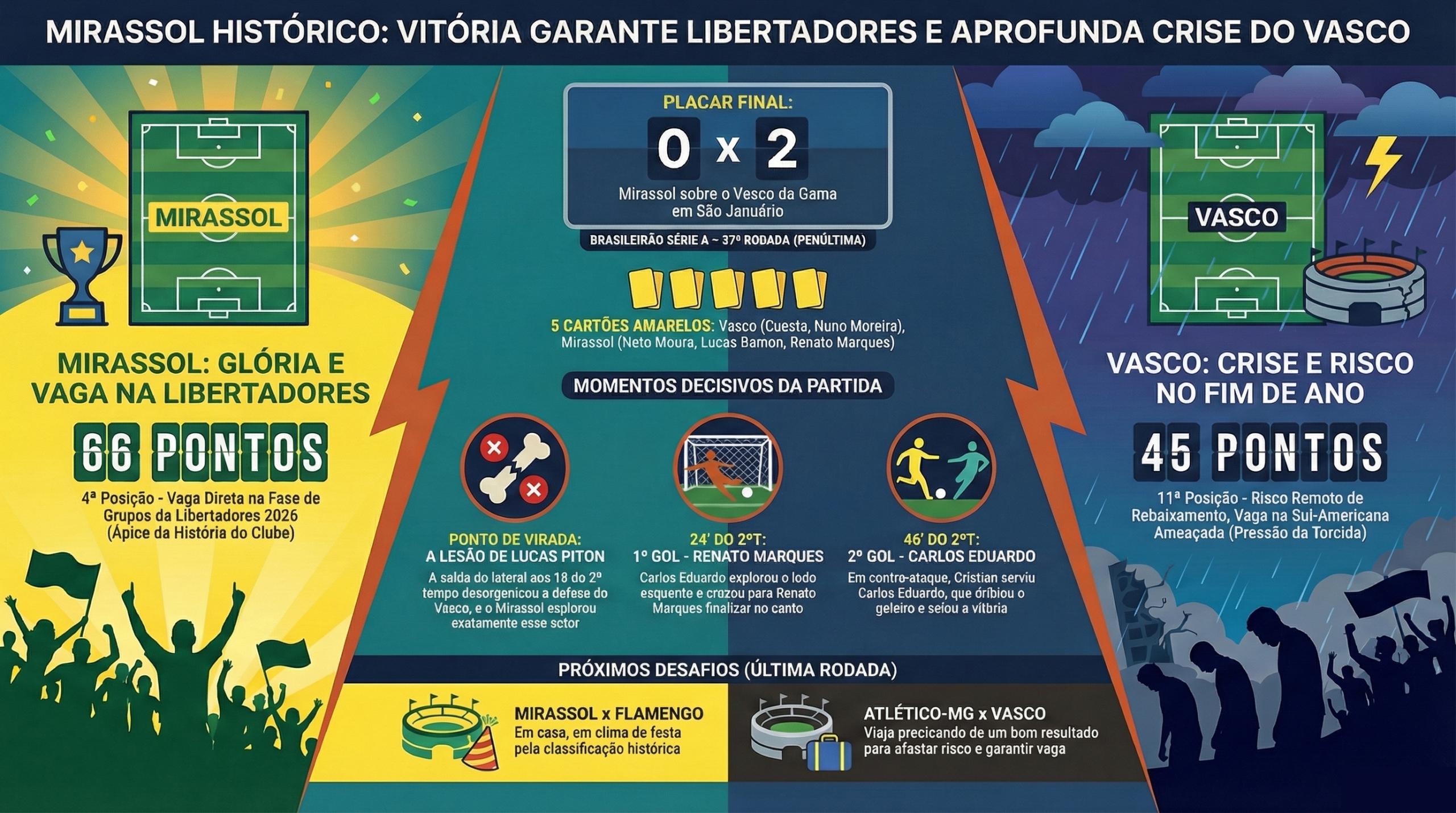Mirassol faz história em São Januário: vence o Vasco, cala a torcida e garante vaga inédita na Libertadores 8