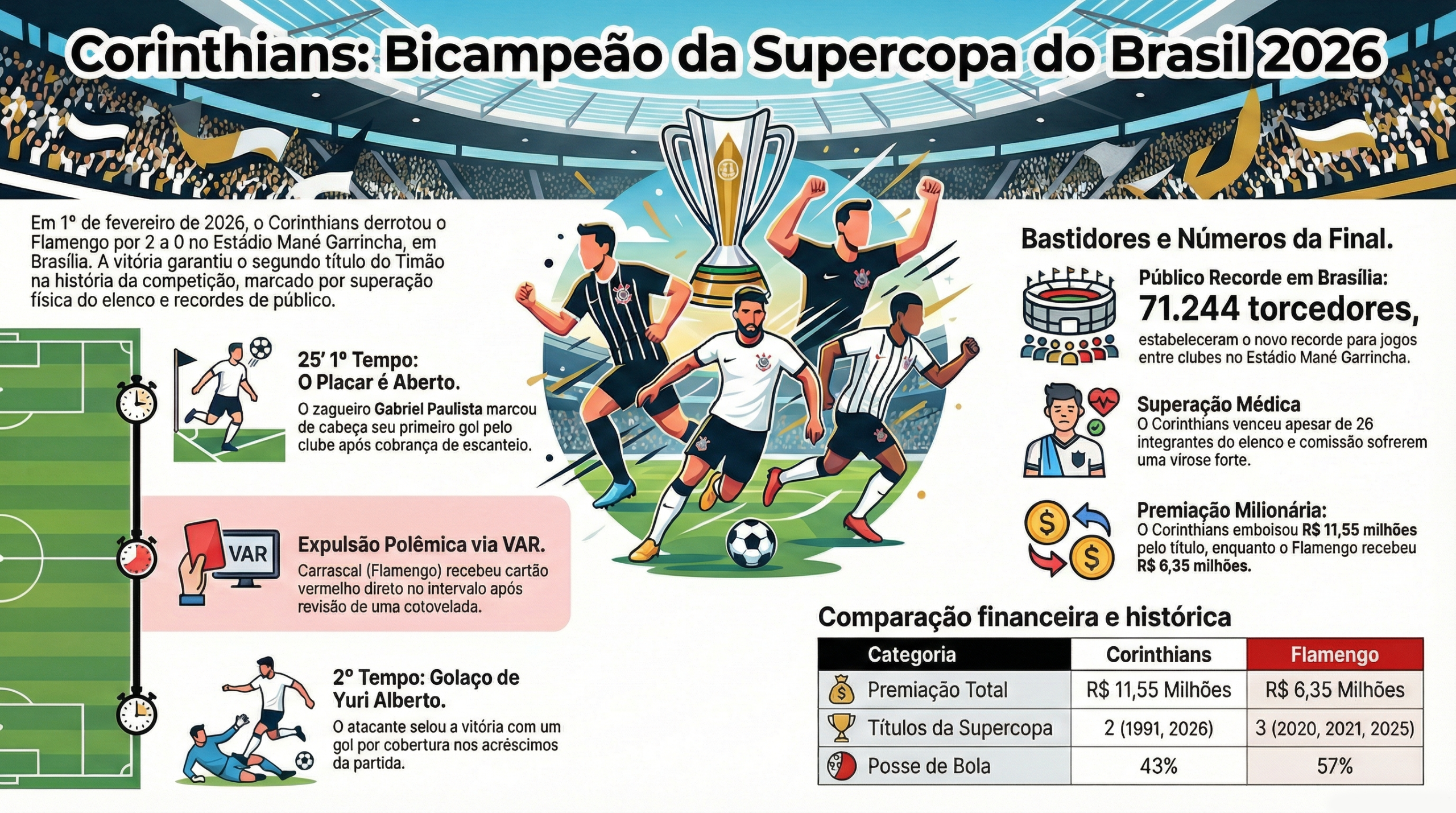 Corinthians vence Flamengo por 2 a 0 e conquista a Supercopa do Brasil de 2026