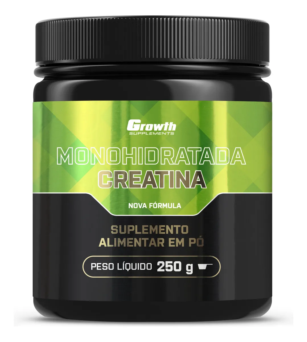 Pote de Creatina Monohidratada 250g Growth Supplements, rótulo verde e dourado