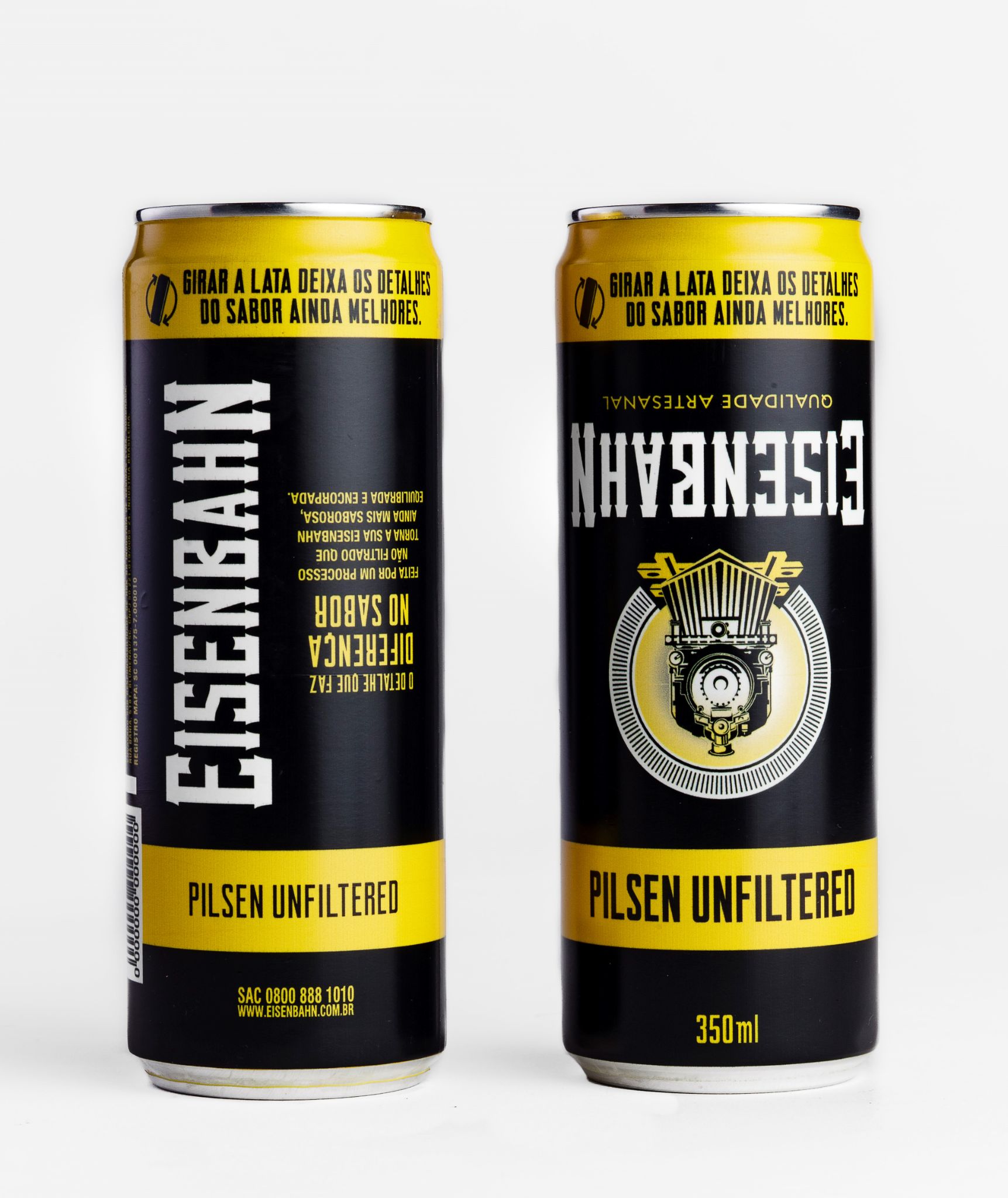Com as artes invertidas, Eisenbahn Pilsen Unfiltered ressalta que girar a lata deixa os detalhes do sabor ainda melhores antes de beber a cerveja