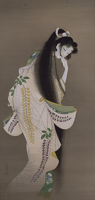 Nihonga Honô, de Uemura Shôen, 1918. Este trabalho é inspirado pela Lady Rokujô, famosa por configurar a primeira aparição na literatura em prosa do fenômeno denominada ikiryô, que seria a grosso modo "possessão por espírito de pessoa viva" em Genji Monogatari.
