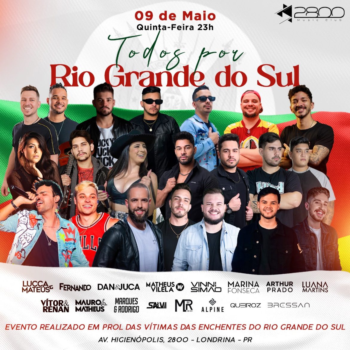 Artistas de Londrina sobem ao palco da 2800 para show beneficente em prol do RS Artistas de Londrina sobem ao palco da 2800 para show beneficente em prol do RS