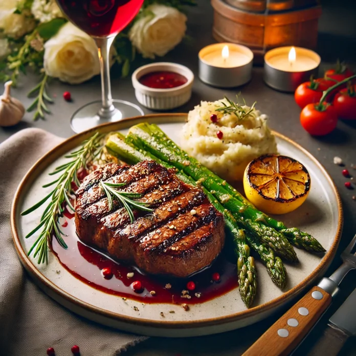 Ribeye Steak com Purê de Alho Assado e Aspargos Grelhados