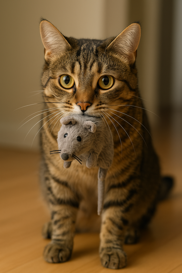Gato oferecendo um rato de brinquedo como presente para tutor.