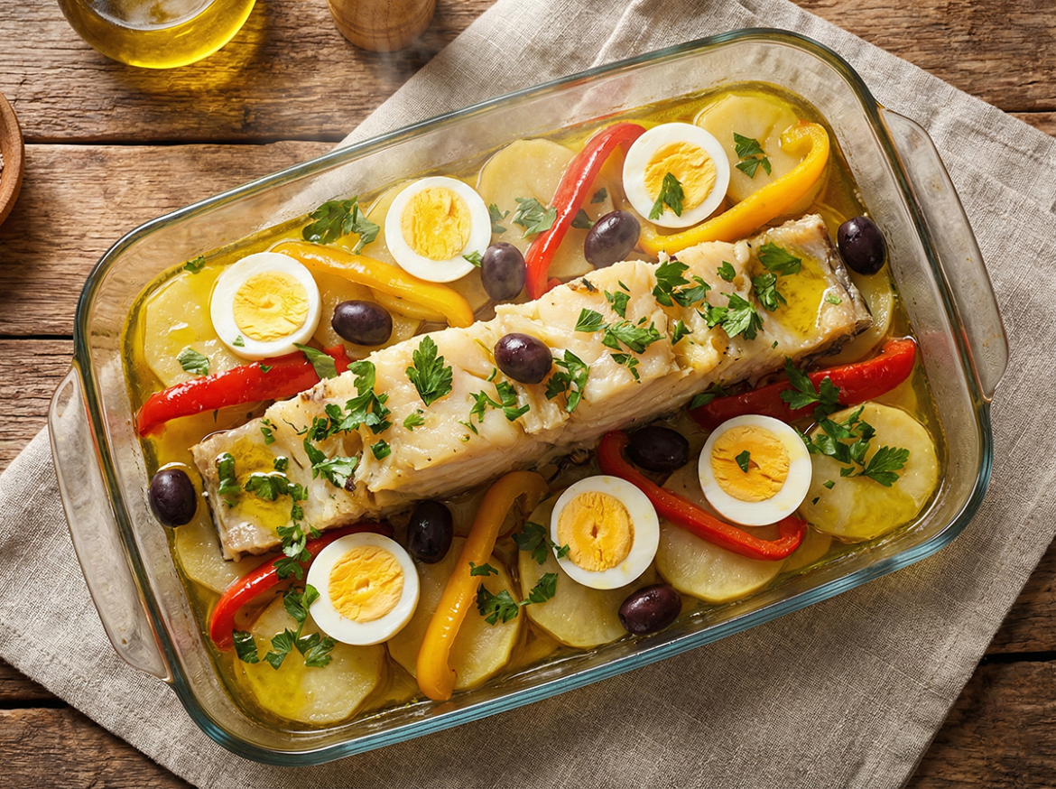 Receita de bacalhoada de forno com batatas e pimentões