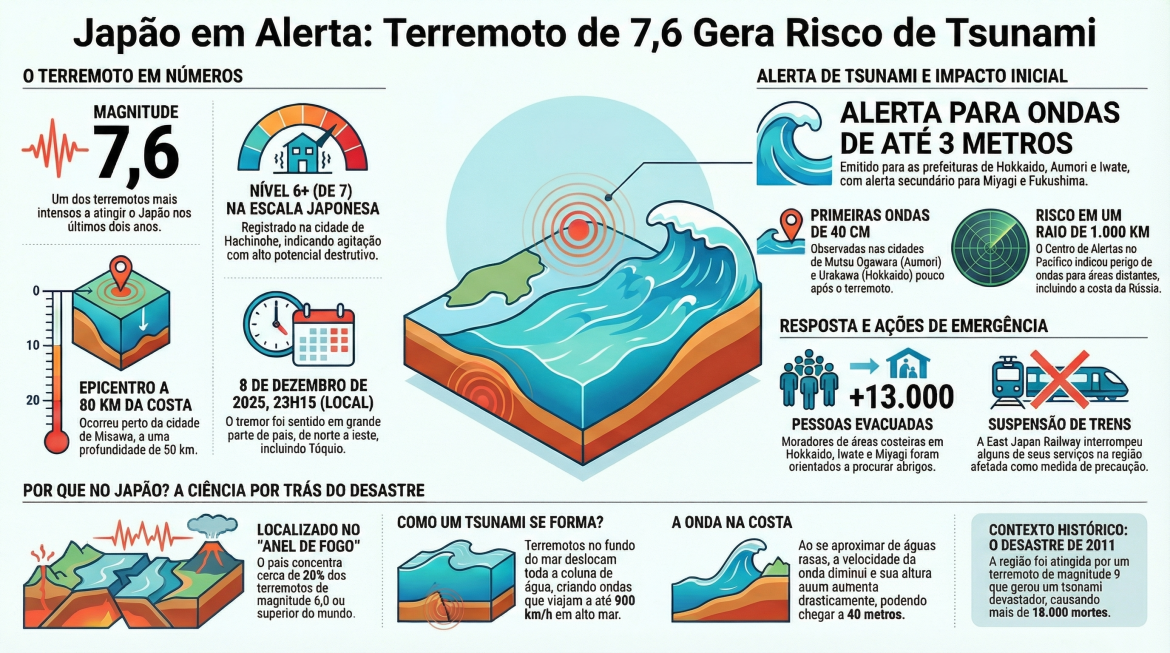 Terremoto de magnitude 7,6 atinge o Japão; alerta de tsunami é emitido para a costa nordeste