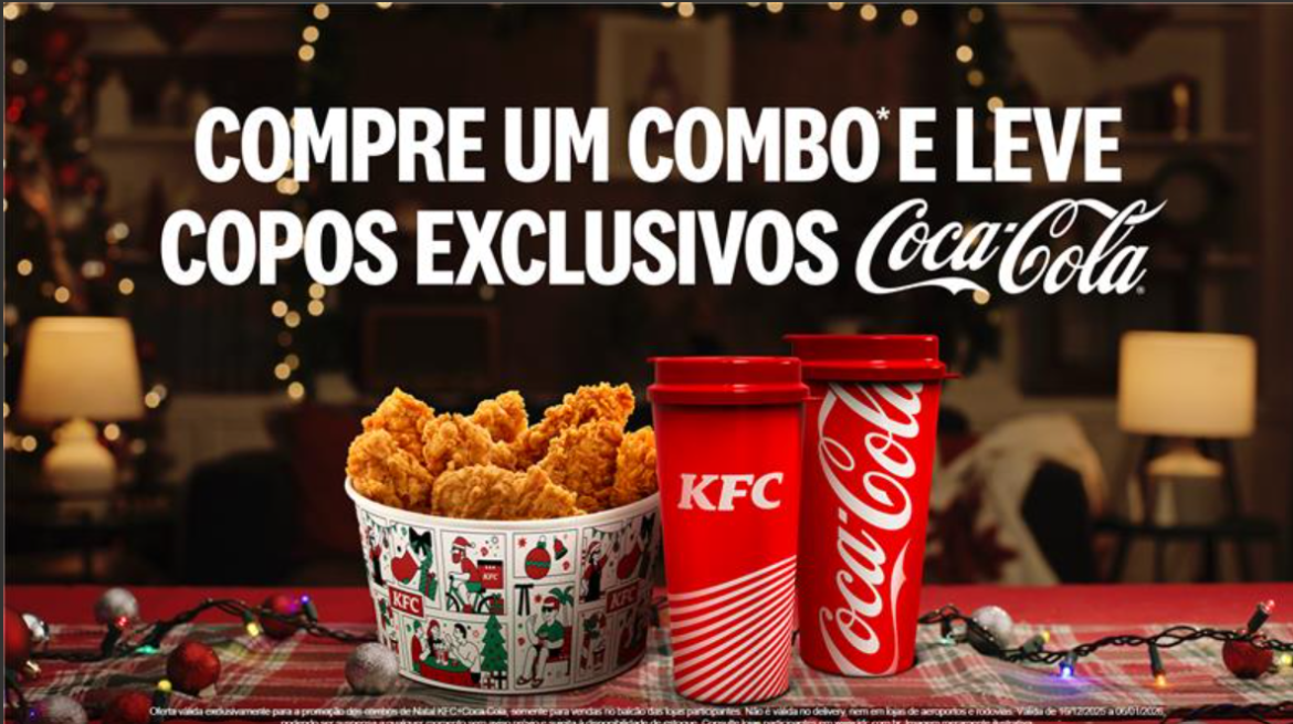KFC e Coca-Cola lançam campanha nacional de Natal com combos especiais e copos exclusivos