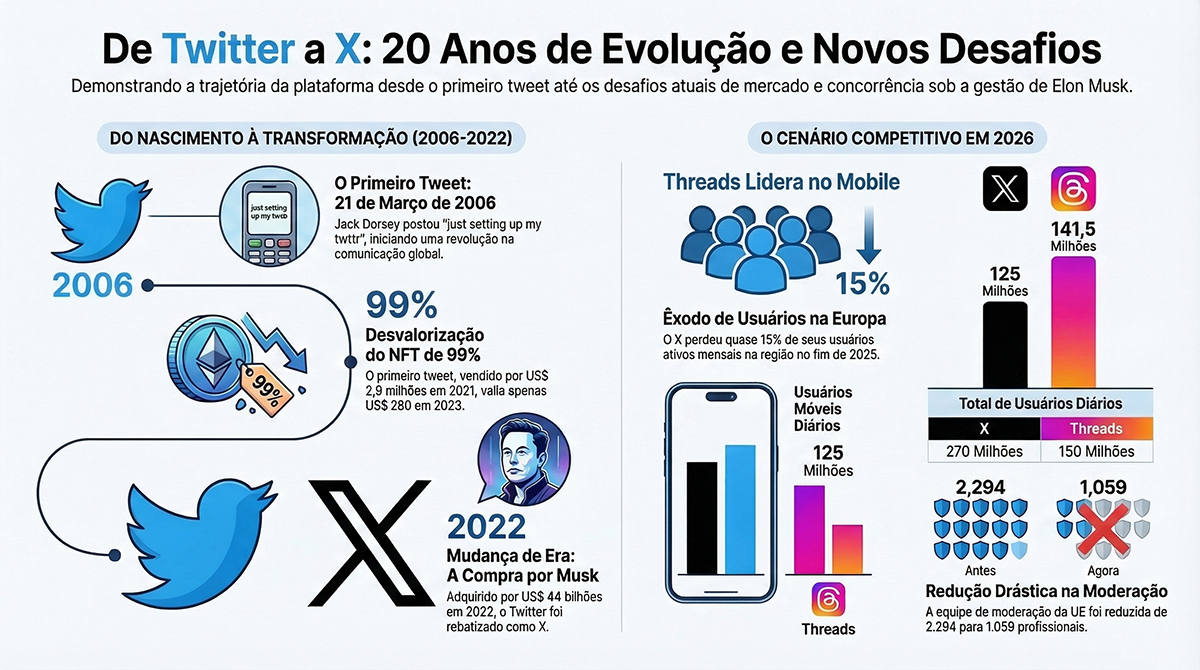 Primeiro tweet completa duas décadas em meio à retração de usuários e avanço do Threads 8 Twitter