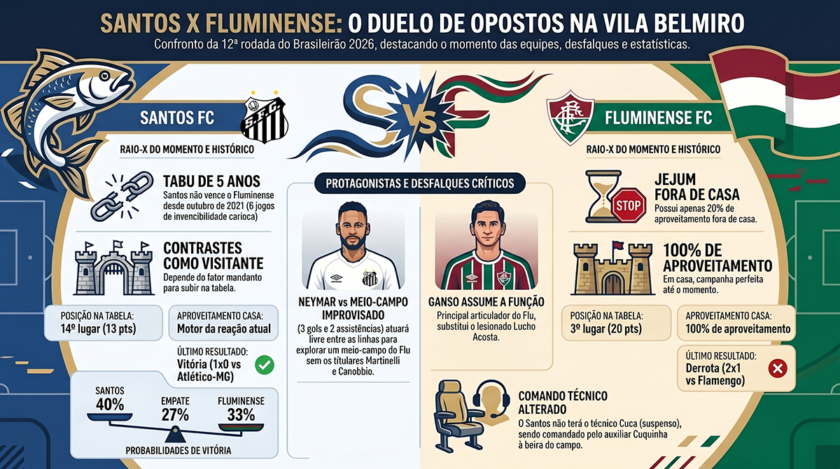 Santos x Fluminense: Neymar enfrenta Flu desfalcado na Vila Belmiro pela 12ª rodada 8 Santos x Fluminense