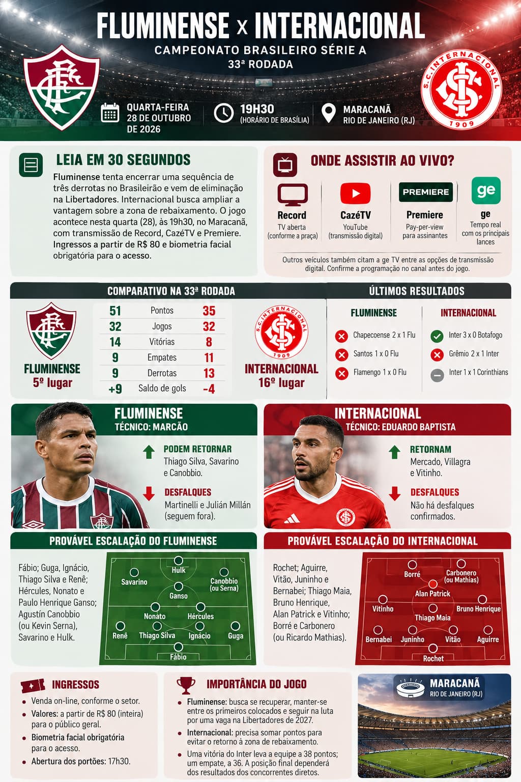 Fluminense x Internacional: onde assistir, escalações, ingressos e tudo sobre o jogo de hoje 8 Fluminense x Internacional